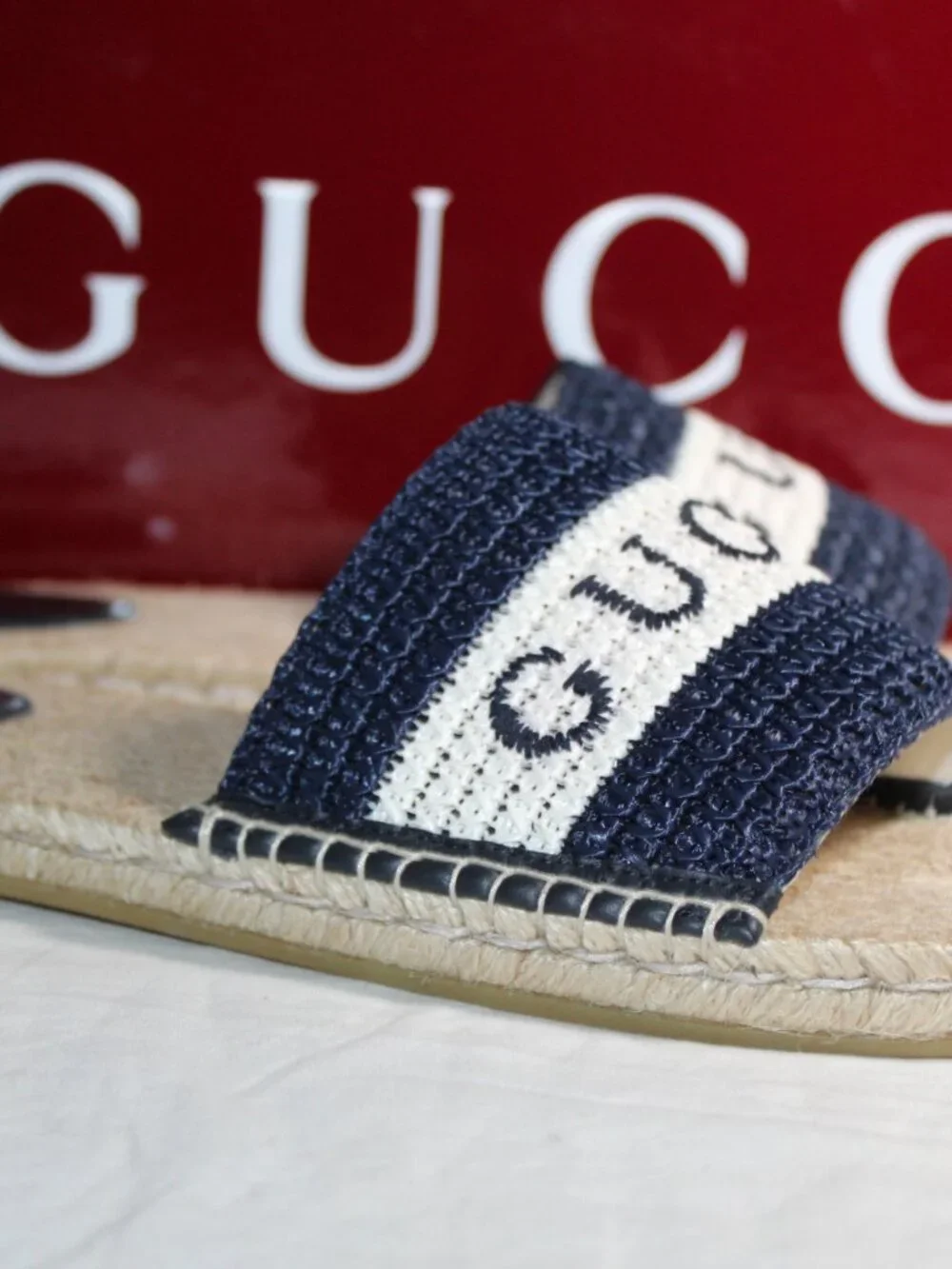NWB Gucci Macrochet Raffia Logo Flats Slides Espadrille Sandals Blue 40 832456